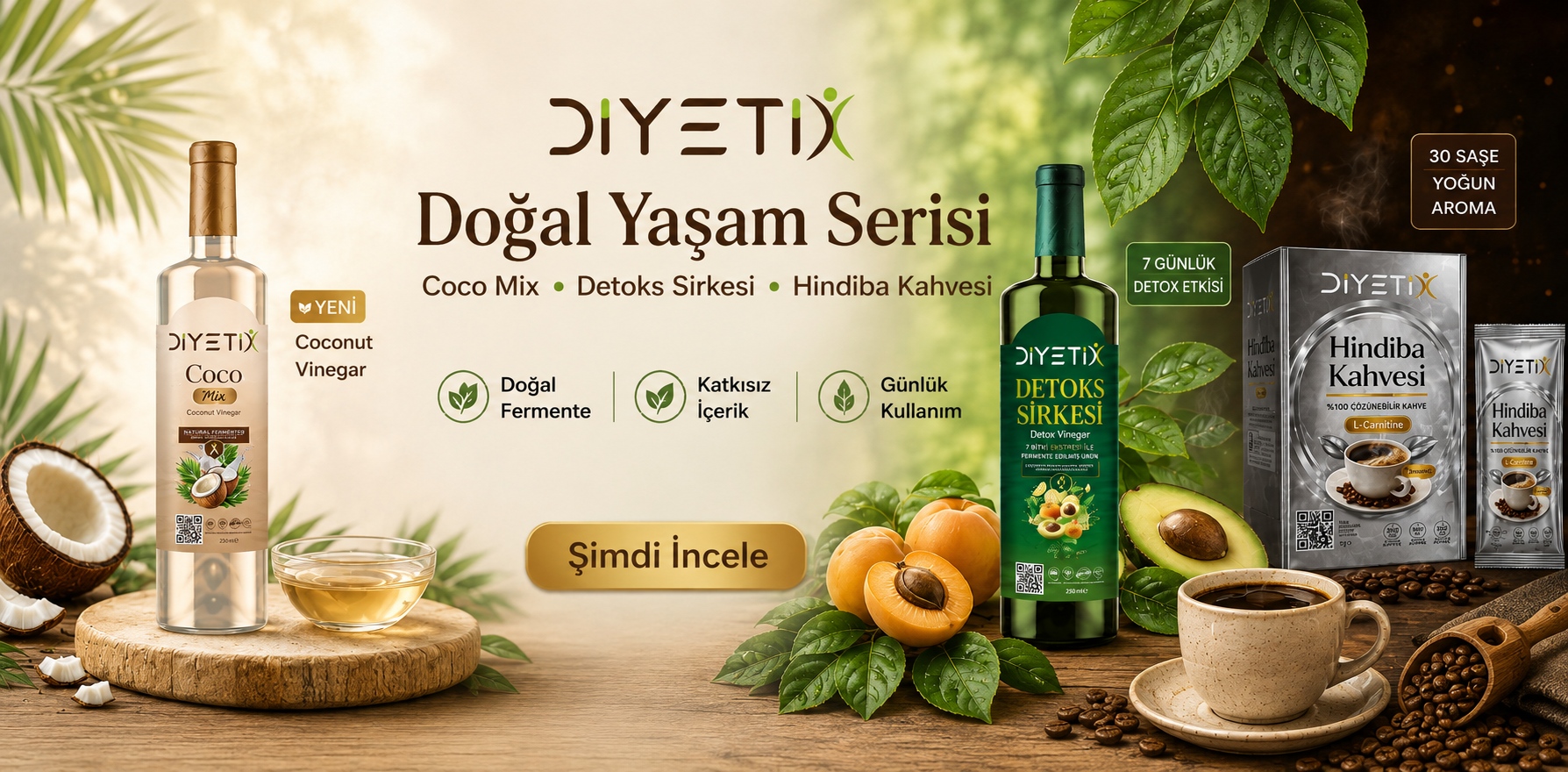 Diyetix Coco Mix, Detoks Sirkesi ve Hindiba Kahvesi doğal yaşam serisi