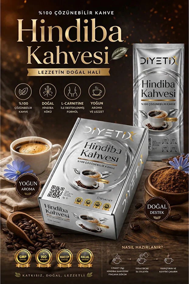 Diyetix Hindiba Kahvesi kutu ve saşe sunumu