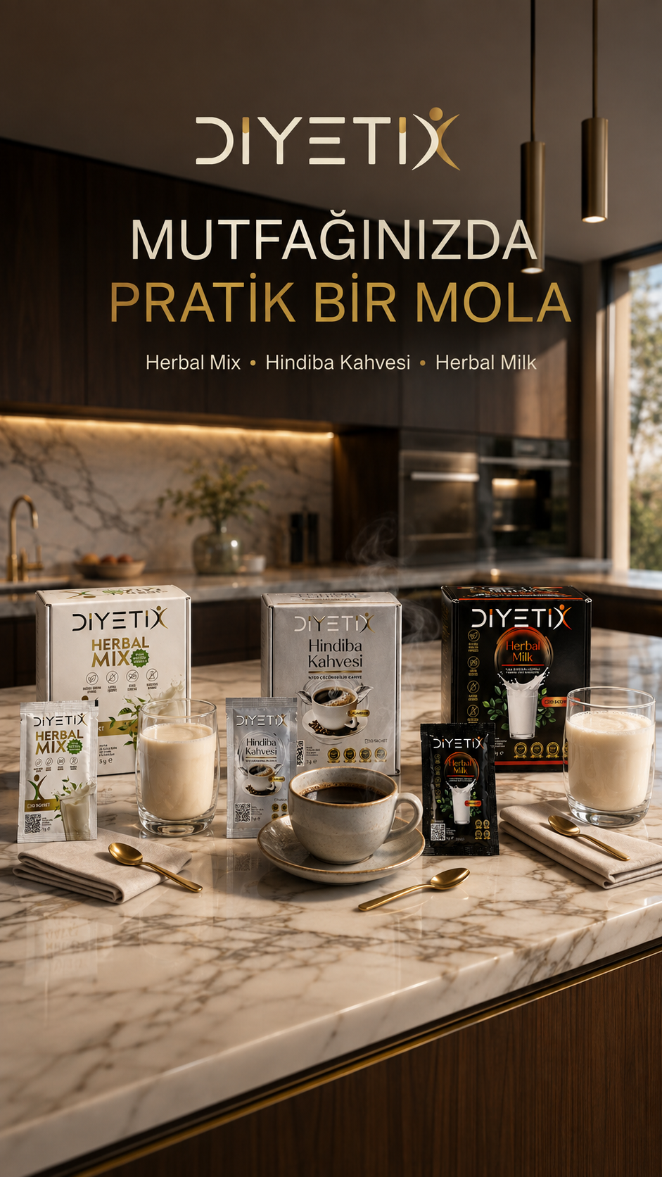 Modern mutfakta Diyetix Herbal Mix, Hindiba Kahvesi ve Herbal Milk ürünleri
